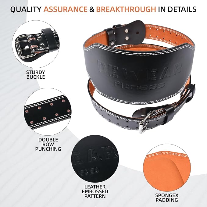Leather Weight Lifting Belt, 4”& 6”Padded Lumbar Back Support, 10 Adjustable Holes, Gym Weight Belt Ideal for Deadlift, Powerlifting, Bodybuilding and Squat