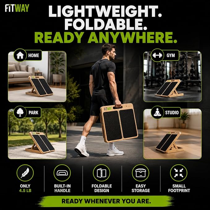 Adjustable Wooden Slant Board, 5-Level Calf Stretcher for Mobility & Rehab | Non-slip velour surface, 5-level incline, 5 resistance bands. Foldable, portable for home gym, physical therapy & rehab use.