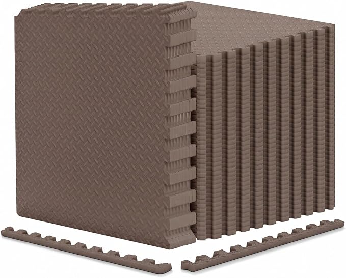 Tangkula 48 Tiles Exercise Flooring Mats with Border, Non-Slip EVA Foam Protective Mats, Elastic Puzzle Play Mats, 1/2" Interlocking Floor Mats for Home Gym, Fitness Room (Brown)