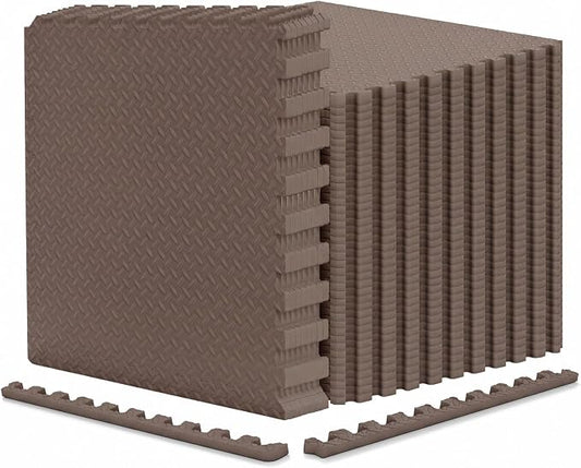 Tangkula 48 Tiles Exercise Flooring Mats with Border, Non-Slip EVA Foam Protective Mats, Elastic Puzzle Play Mats, 1/2" Interlocking Floor Mats for Home Gym, Fitness Room (Brown)