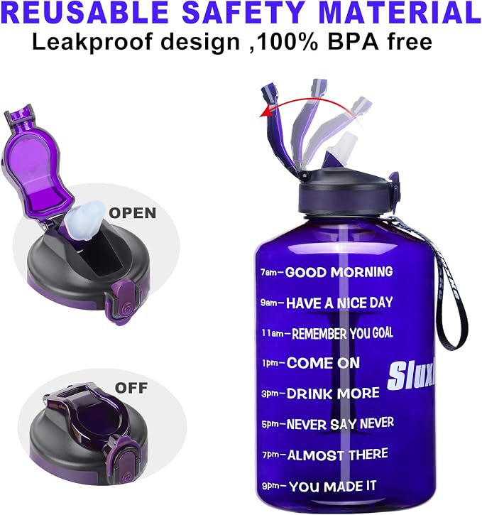 SLUXKE 1 Gallon Motivational Sports Water Bottle with Time Marker, BPA Free 128oz Leak Proof Jug, Black, Plastic, 128 ounces, Fitness, Sports, Outdoor Activities
