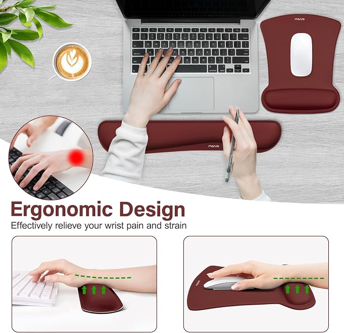 MOSISO Wrist Rest Support for Mouse Pad & Keyboard Set, Ergonomic Mousepad Non-Slip Base Home/Office Pain Relief & Easy Typing Cushion with Neoprene Cloth & Raised Memory Foam, Wine Red