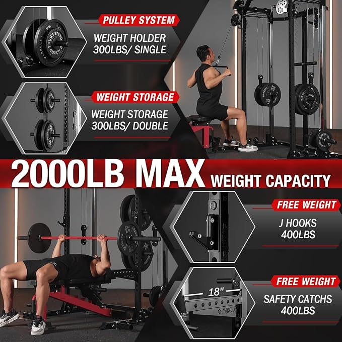 Mikolo Power Cage, 2000LB Power Rack with Independent Dual Pulley System, Multi-Function Home Gym Workout Machine for Cable Crossover and Squat
