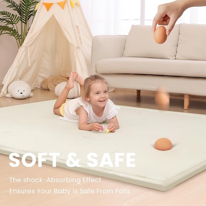 Huloo Sleep Ultra Soft Baby Play Mat for Floor, 1.3" Thick Elasti-Foam 65x50 Play Mat for Playpen,Water-Repellent Coral Velvet for Tummy Time, Non-Slip Backing,Safe for Toddlers & Infants（Cream）