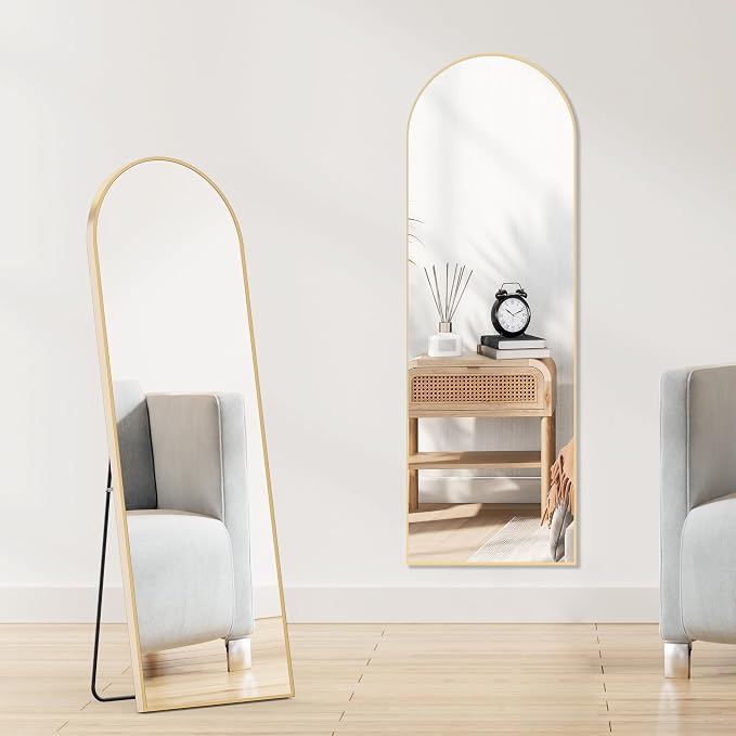OLIXIS 59"x16.6" Arched Full Length Mirror, Full Body Mirror with Stand | Aluminum Alloy Thin Frame, Free Standing Mirrors for Bedroom, Hanging or Leaning Floor, Living Room Bedroom, Gold