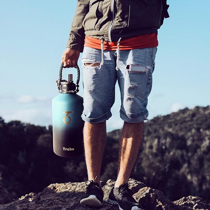 Trebo One Gallon Water Bottle Insulated with 3 Lids, Paracord Handle & Bag | 128 oz Large Stainless Steel Water Jug, Triple Wall Vacuum Copper Plated, Dishwasher Safe, Keeps Cold 48 Hrs for Hiking, Gym