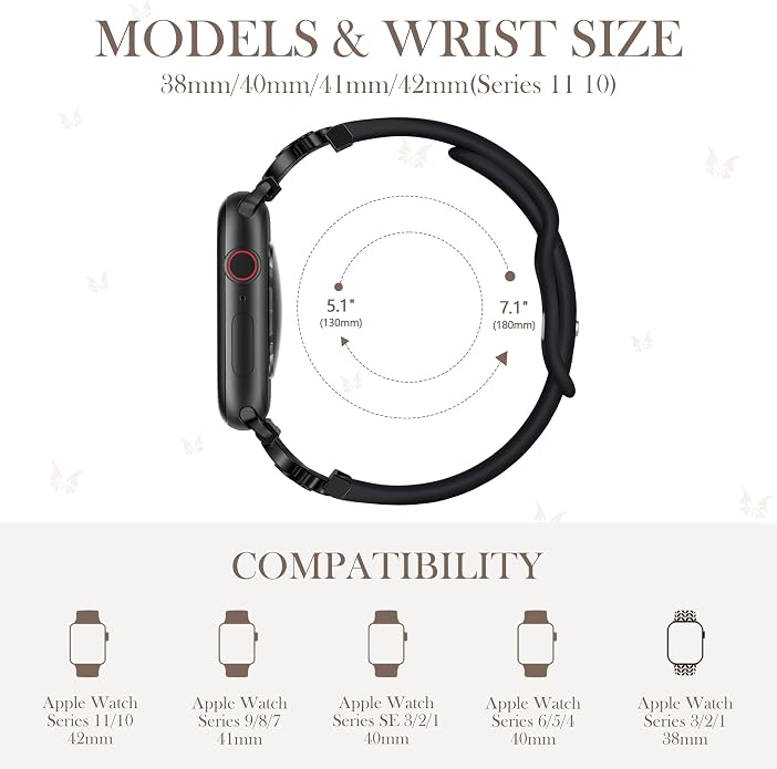 Lerobo Slim Silicone Band Compatible with Apple Watch Bands for Women | Dressy Metal Butterfly 16mm Thin Strap for iWatch Series 11 10 9 8 7 6 5 4 SE Ultra 38mm 40mm 41mm 42mm 44mm 45mm 46mm 49mm
