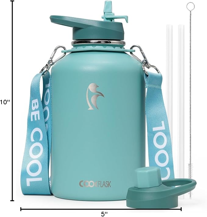 Coolflask Insulated Water Bottle 64 oz with Straw, Half Gallon Large Water Jug with Straw & Spout Lids, Vacuum Stainless Steel Metal Flask, Keep Cold 48h Hot 24h, Leak Proof & Non-BPA, Agate Green | 64 oz Large Water Jug with Straw & Spout Lids,Triple-...