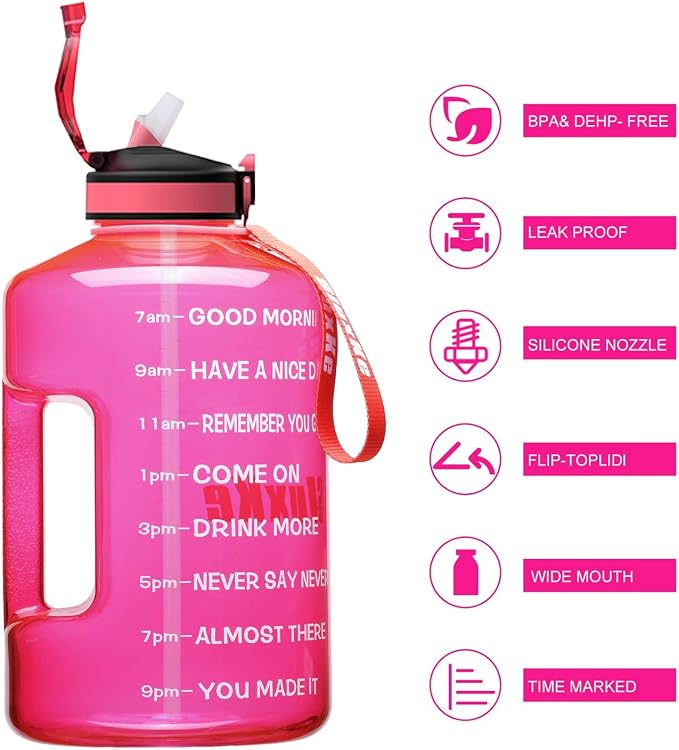SLUXKE 1 Gallon Motivational Sports Water Bottle with Time Marker, BPA Free 128oz Leak Proof Jug, Black, Plastic, 128 ounces, Fitness, Sports, Outdoor Activities