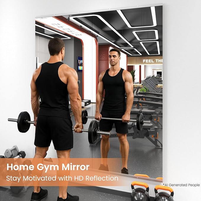 LOAAO Home Gym Mirror 60"x25", 2 PCS | Frameless, Tempered Glass, Large Workout Mirrors, For Home Gym, Dance Studio, Yoga Room, Garage Gym