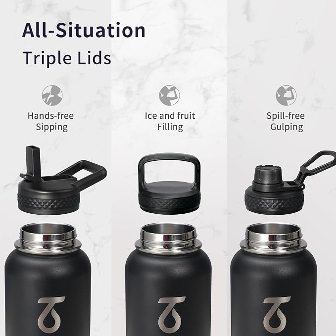 Trebo Water Bottle Insulated 40 oz with 3 Lids, Paracord Handle & Sleeve | Stainless Steel Flask Vacuum, Triple Wall Copper Plated, Dishwasher Safe, Keeps Cold 48Hrs for Hiking, Gym, Wide Mouth
