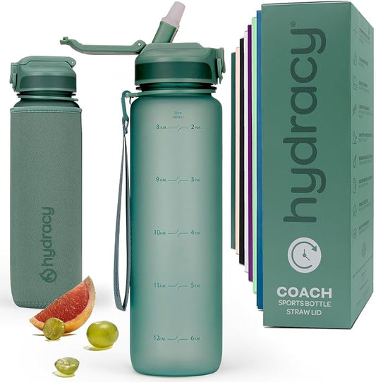 Hydracy Motivational Water Bottle with Time Marker and Straw Lid 32 oz | Leakproof,BPA Free,No Sweat Neoprene Sleeve,Carry Strap,Daily Intake Tracking for Fitness & Outdoors