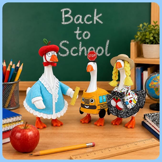 7 Inch Desk Goose Statue with 6 Back to School Outfits Set Cute Mini Goose Decor School Classroom Office Home Table Decoration First Day of School Gifts for Teachers Students