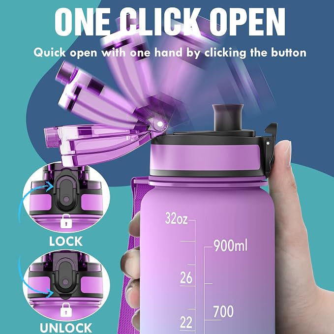 OLDLEY Water Bottle, 32oz Motivational Sports Water Bottle with Time Marker - Times to Drink - Tritan, BPA Free, Wide Mouth Leakproof,Confectionery