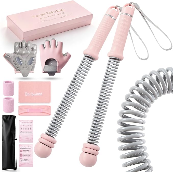 8pcs Ropeless Battle Rope Workout Kit for Women with Resistance Springs, Pink Adjustable Weighted Home Gym Equipment, Includes Gloves, Towel, Headband, Wristbands, Storage Bag & Gift Box