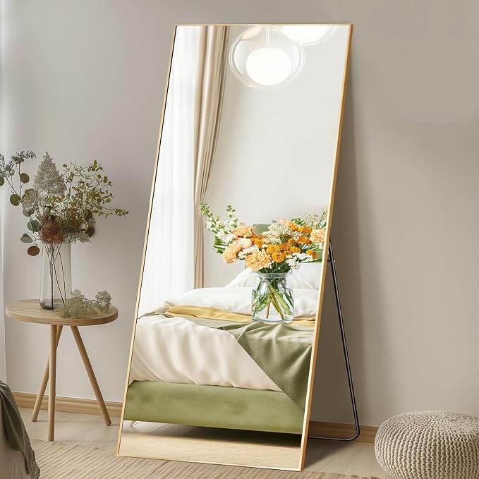 DUMOS 65"x24" Full Length Mirror, Full Body Mirror, Gold | Aluminum Alloy Thin Frame, Leaning or Hanging, Suitable for Bedroom, Livingroom, Cloakroom