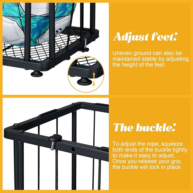 Hencawima Garage Ball Storage Wall-Mounted & Floor Sports Equipment Organizer: Sports Ball Rack with Elastic Rope, Holder for Basketball, Soccer, Volleyball, Football, Garage, Gym, Black
