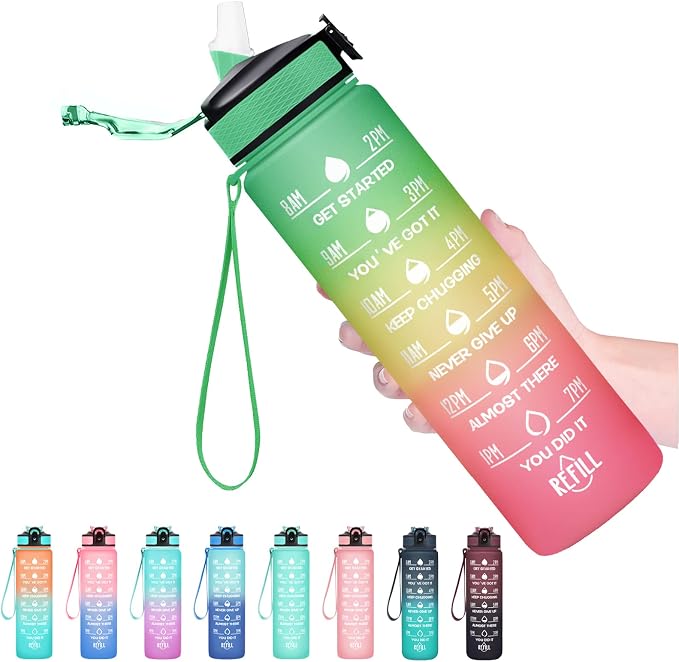 Hyeta Water Bottle with Straw & Time Marker, Plastic 32oz Leakproof | Motivational Tritan BPA Free Gym Office Outdoor Intake Tracker Hourly Reminder Straw Lid Carry Strap