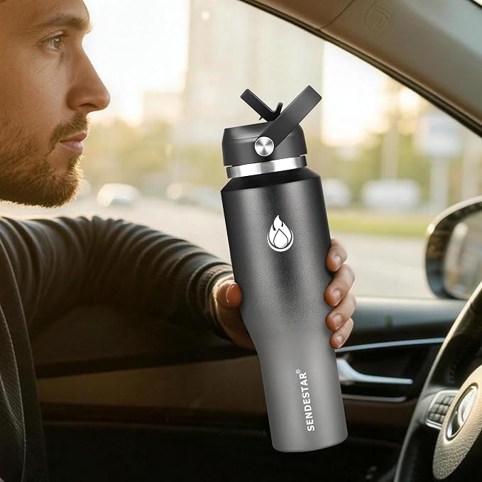 SENDESTAR 40oz Stainless Steel Water Bottle(Cold for 48 Hrs, Hot for 24 Hrs),Double Wall Vacuum Insulated Bottle with Straw Lid, Spout Lid and Flex Cap, Fit in Any Car Cup Holder，Grey-B