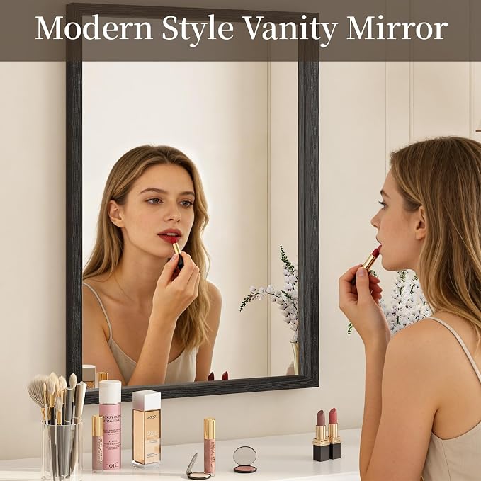 Syndra Black Wood Frame Bathroom Mirror, 24''x36'' Modern Vanity Mirror for Wall, Waterproof Slim Deep Frame, Rectangular HD Tempered Glass Mirror for Living Room, Bedroom, Entryway, Rustic, Farmhouse