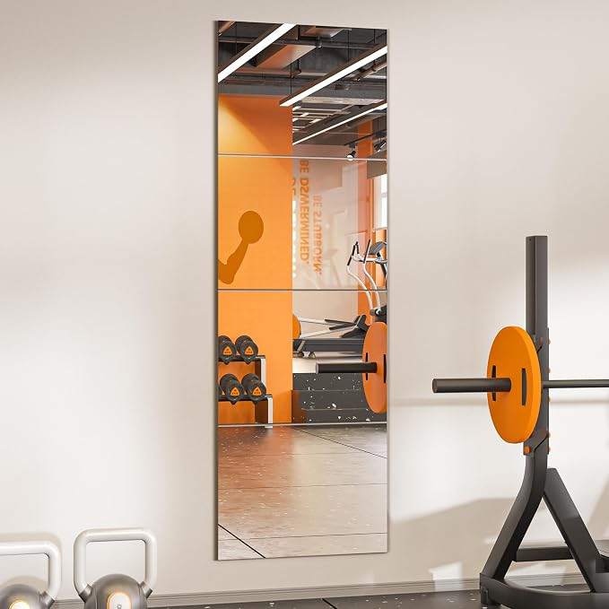 TRAHOME Wall Mirror Tiles, 16"x12"x4PCS Full Length Home Gym Mirror | HD Tempered Glass, Frameless Workout Mirror for Garage, Bedroom, Living Room, Over The Door