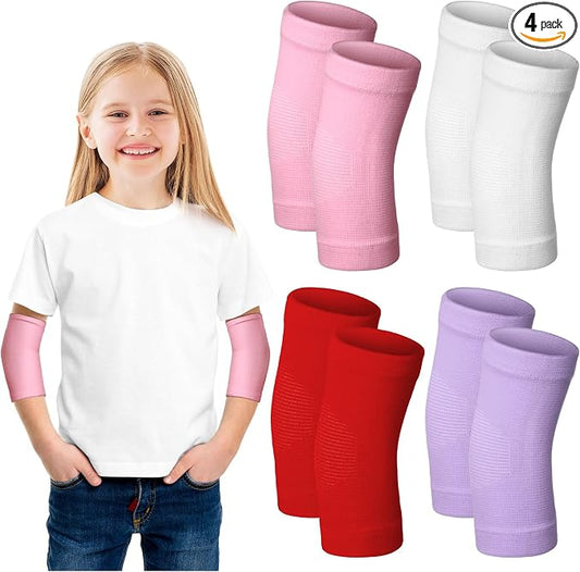 Lenwen 4 Pairs Kids Elbow Brace Compression Arm Elbow Sleeve Knit Guard Gym Protectors for Boys Teen Children Girls Basketball Volleyball Tennis Cycling(5-10 Years,Light Pink, Red, White, Purple)