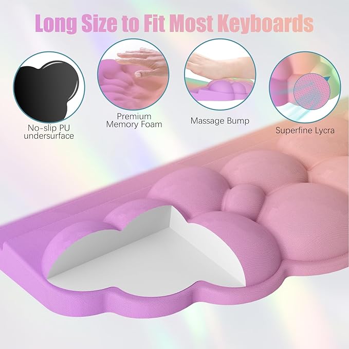 Ergonomic Wrist Rest for Keyboard, Soft Memory Foam Cloud Keyboard Stand | Keyboard Riser Holder with Wrist Pad, Desk Cushion, Easy Typing, Pain Relief, Comfort for Computer Laptop Mac - Rainbow
