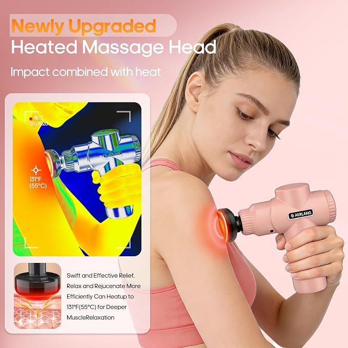 AERLANG Birthday Gifts for Women Massage Gun with Heat deep Tissue Pink | Mini Portable Travel Massager Percussion Muscle Back Massage Gun Pain Relief Body Handheld Massage tools Carrying Case LED