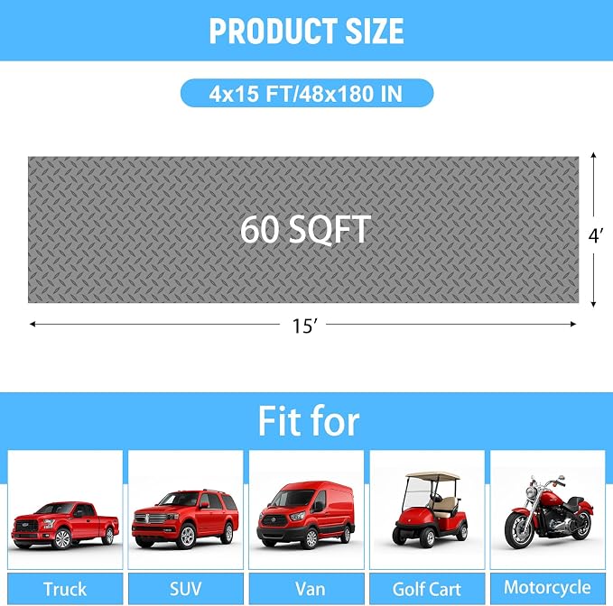 4x15 FT Garage Floor Mat, 2.8mm Thickened Diamond Plate | PVC Flooring Roll for Under Car/Golf Cart/Motorcycle, Garage Mat for Warehouse/Basement/Gyms/Trailer, Tapes Included, Gray