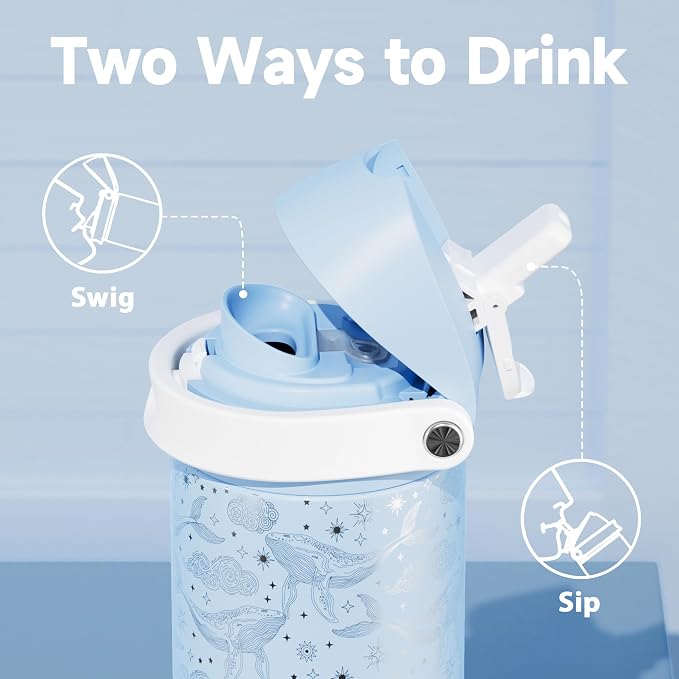 24 oz Insulated Water Bottle with Straw: Meoky Stainless Steel Metal Water Bottle with 2-in-1 Lid - Leak Proof, Cold for 24 Hours, Fits in Car Cup Holder, BPA-Free for Gym Travel Sports, Blue Whale