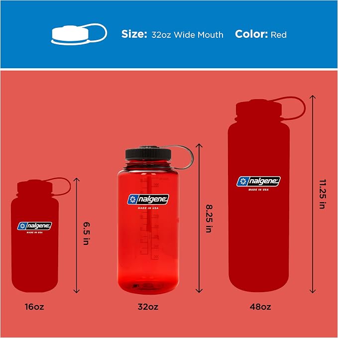 Nalgene 32 oz Wide Mouth Water Bottle, Red | BPA-Free, Durable & Lightweight, Leak Proof, Dishwasher Safe, Large Reusable Plastic Bottle for Hiking, Gym, Work & Travel