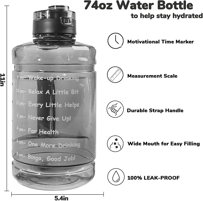 Large Water Bottle with Motivational Time Marker，74oz Water Jug BPA Free | Leak-Proof, Half Gallon Water Bottle for Sport Gym Camping Workout Outdoors(Clear)