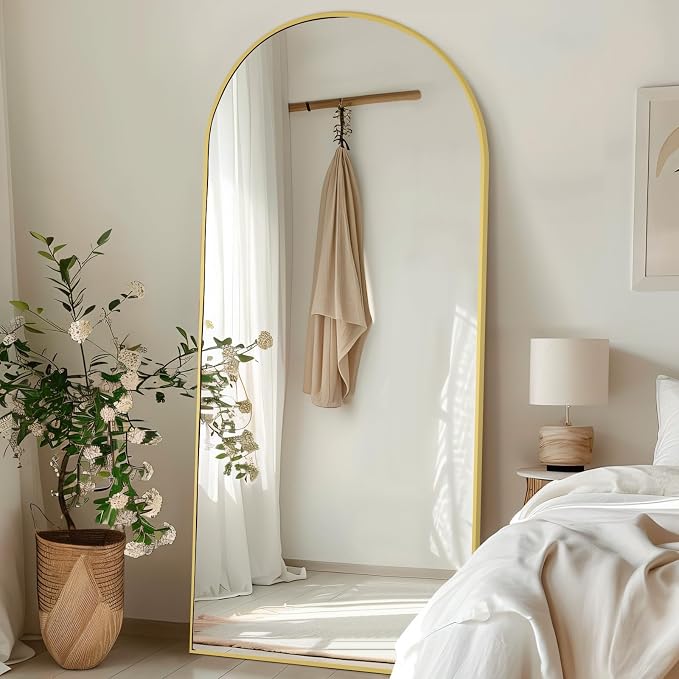 76"x34" Large Arched Floor Mirror Full Length with Stand, Gold | Vertically Wall‑Mountable, Freestanding or Wall‑Leaning, for Bedroom Living Room Gym, Tempered Glass, Aluminum Alloy Frame