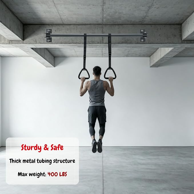 48'' Joist Mounted Pull Up Bar with Gym Rings Wall Studs Mount Chin Up Bar for Ceiling, Beams, Doorway & Corner Mount Heavy Duty Pull-up Grips for Home Gym Strength Training – Patent Pending