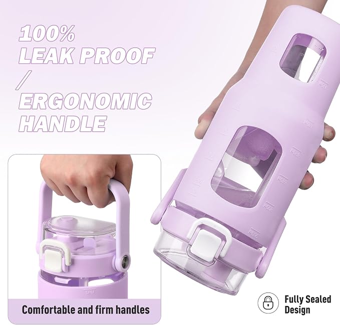 BLUEGO 32oz Glass Water Bottles with Straw Time Marker Half Gallon Large Motivational Water Bottle with Silicone Sleeve 2 Liter Large Glass Water Jug for Gym, Sports& Workout, Daily, Purple