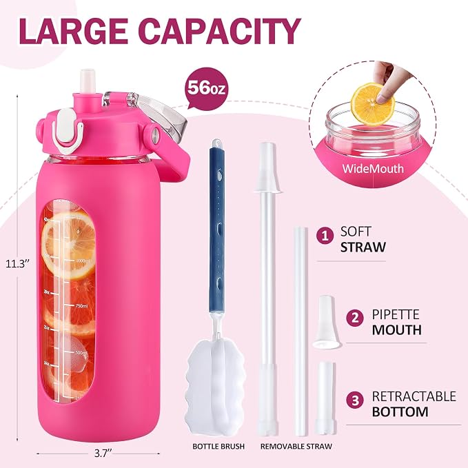 56oz Glass Water Bottles with Straw, Motivational Glass Bottle with Silicone Sleeve and Time Marker, Leakproof Large Glass Water Jug for Gym Home Office,Rose red