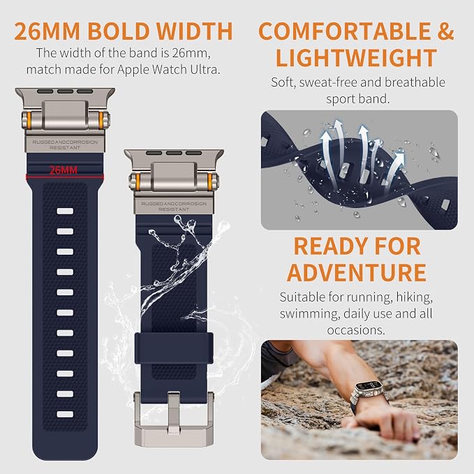 Band Compatible with Apple Watch Ultra 3/2/1 Band 49/46/45/44mm | Metal Connector with Silicone Rugged Strap for iWatch Ultra Series 11/10/9/8/7/6/SE3/SE2/SE/5/4/3/2/1, Navy Blue/Titanium