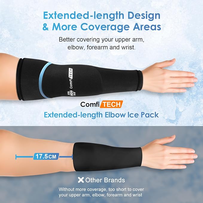 ComfiTECH Dual-Gel Full Arm Elbow Ice Pack Wrap with 30-Min Cooling, Large | Detachable Cold Pack & Flexible Gel Sleeve for Volleyball, Reusable Ice Compress for Tennis Recovery, Shin Muscle Comfort