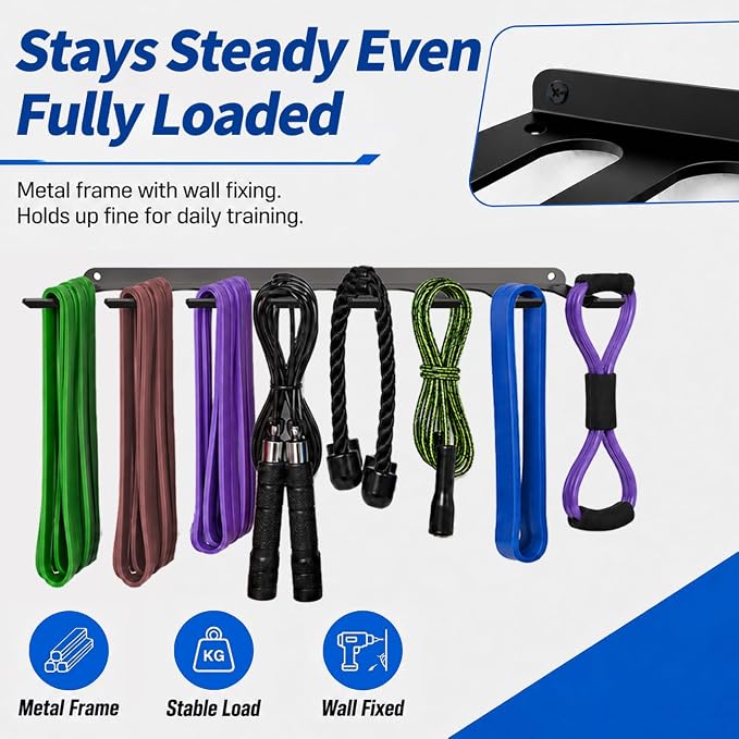 Gym Home Rack 8 Hook Heavy-Duty Wall-mounted Organizer Multi-Purpose Workout Gear Wall Hanger Storage for Resistance Bands Jump Ropes Lifting Belt Fitness Bands Barbells Carabiners Included