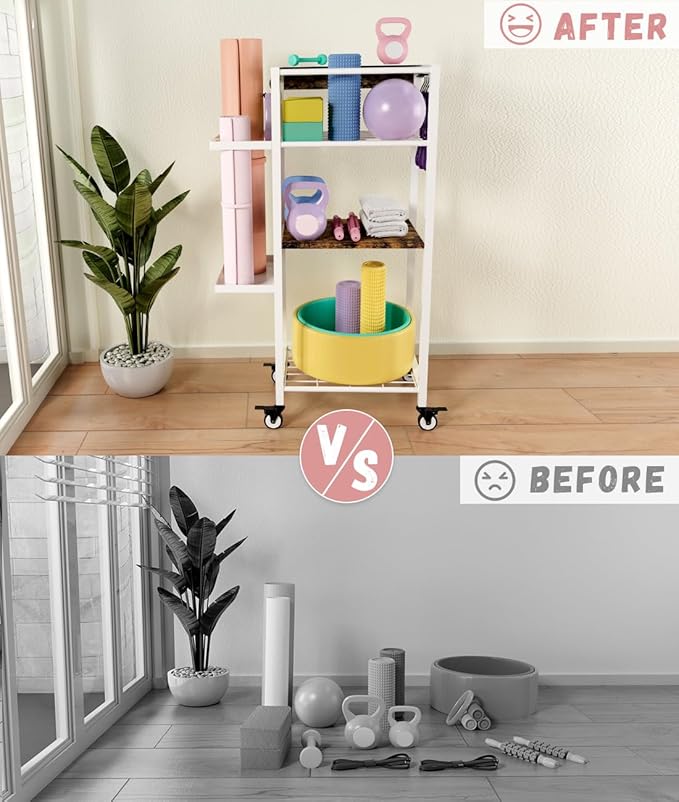 Yoga Mat Storage Rack with Wheels, 3 Tier Home Gym Workout Equipment Organizer for Dumbbells, Kettlebells, Foam Rollers