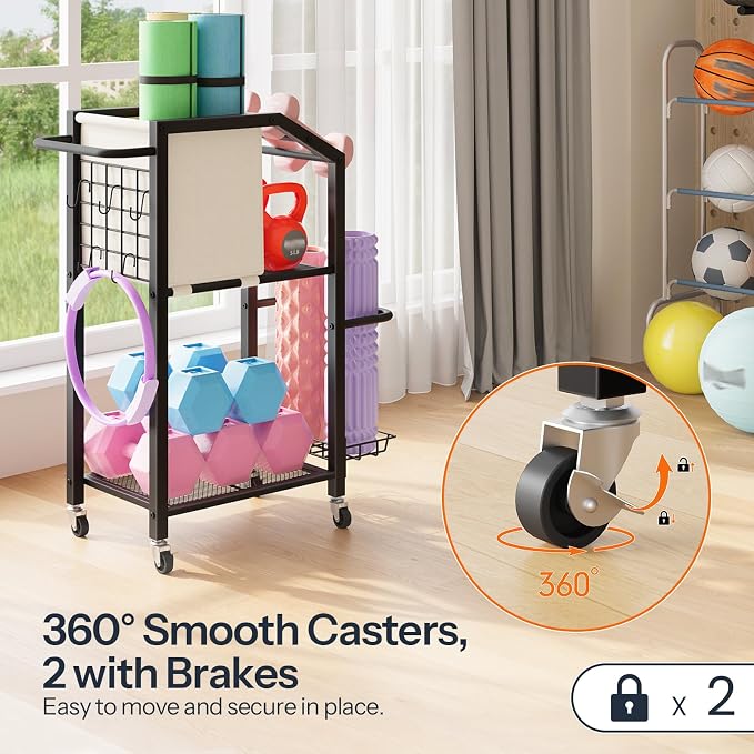 HOOBRO Dumbbell Rack, Weight Rack for Dumbbells, Yoga Mat Storage Rack, Home Gym Storage Rack for Dumbbells Kettlebells Foam Roller, Workout Storage Organizer with Wheels & Hooks