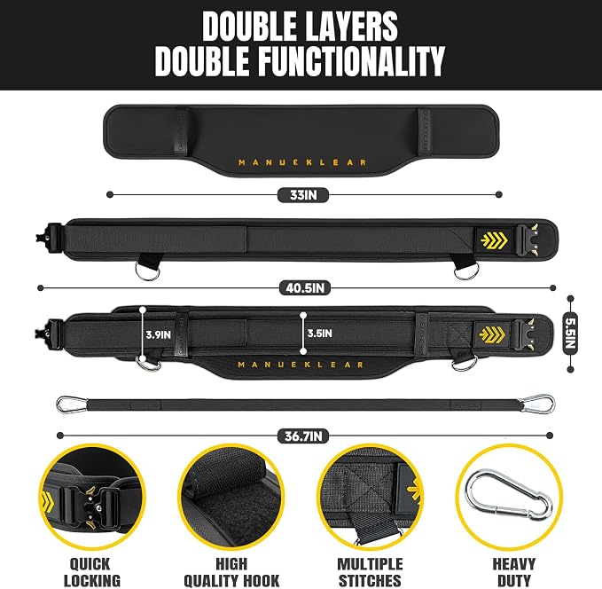 MANUEKLEAR 2-in-1 Weightlifting Belt & Dip Belt with 36.7 IN Rope, Double-Layer Weight Lifting Belts, Powerlifting Gym Weighted Belt for Pull Up Squat