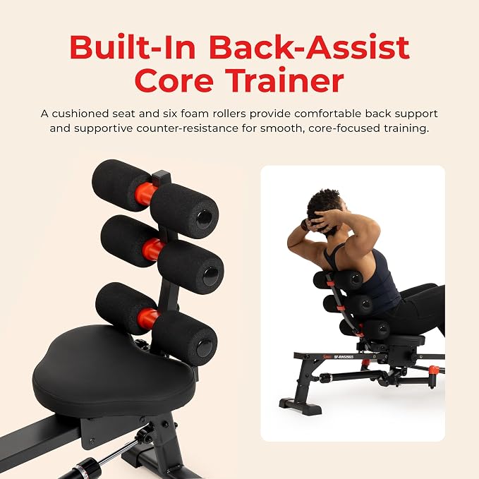 Sunny Health & Fitness Smart Full Motion Rower | 12 Resistance Levels, Dual-Arm Design, SunnyFit App Connectivity, 400 LB Capacity, Optional Back-Assist Core Trainer