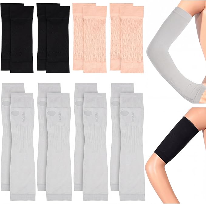 SATINIOR 8 Pairs Sun Protection Cooling Arm Sleeves Upper Compression Sleeve Plus Size Slimming Arm Shaper Wrap for Women