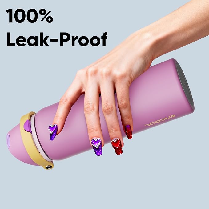 Insulated Water Bottle with Straw - Encool Stainless Steel Water Bottle with Push Button Lid, Leak-Proof & BPA-Free, Keeps Cold for 24 Hours for Sports, Travel, Gym (32 oz, Light Orchid-Fuchsia)