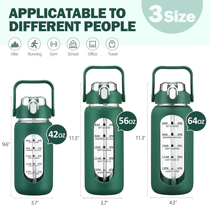 42oz Glass Water Bottles with Straw, Motivational Glass Bottle with Silicone Sleeve and Time Marker, Leakproof Large Glass Water Jug for Gym Home Office, Ink green