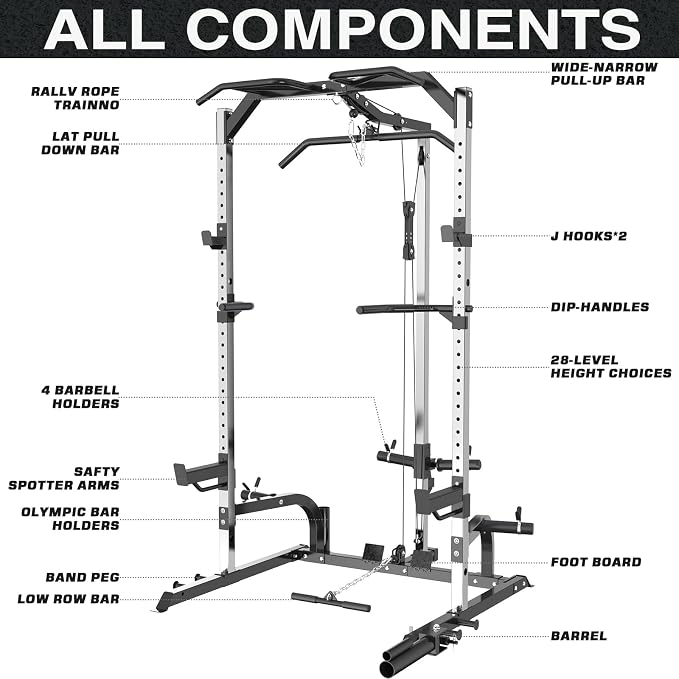 Power Cage Power Rack with LAT Pulldown Workout Cage Dip Handles Cable Pulley SystemSquat Rack for Home Gym