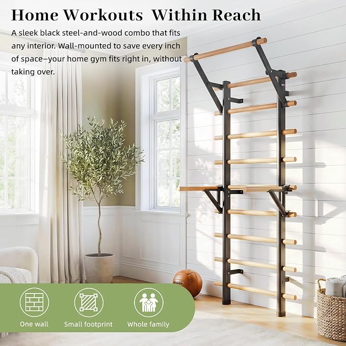 DHT Wood Stall Bar, Swedish Ladder Suspension Trainer with 9 Strategic Rods, for Home, Gym, School and Clinics, Black