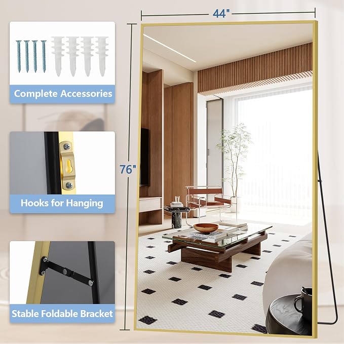 MirrMuse Oversized Standing Mirror Full Length, 76"X44" Extra with Stand | Hanging or Leaning, Gold Aluminum Alloy Frame, Large Full Body, for Gym Bedroom Living Room Clothing Store, Tempered Glass