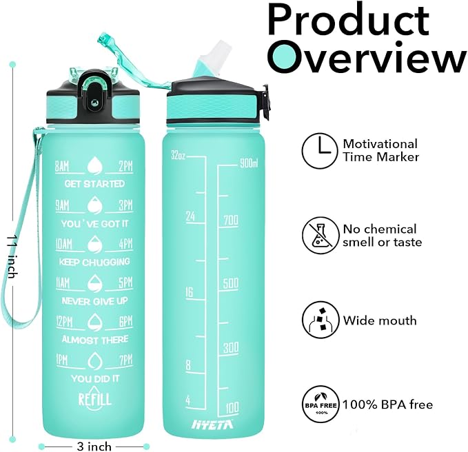 Hyeta Water Bottle with Straw & Time Marker, Plastic 32oz Leakproof | Motivational Tritan BPA Free Gym Office Outdoor Intake Tracker Hourly Reminder Straw Lid Carry Strap